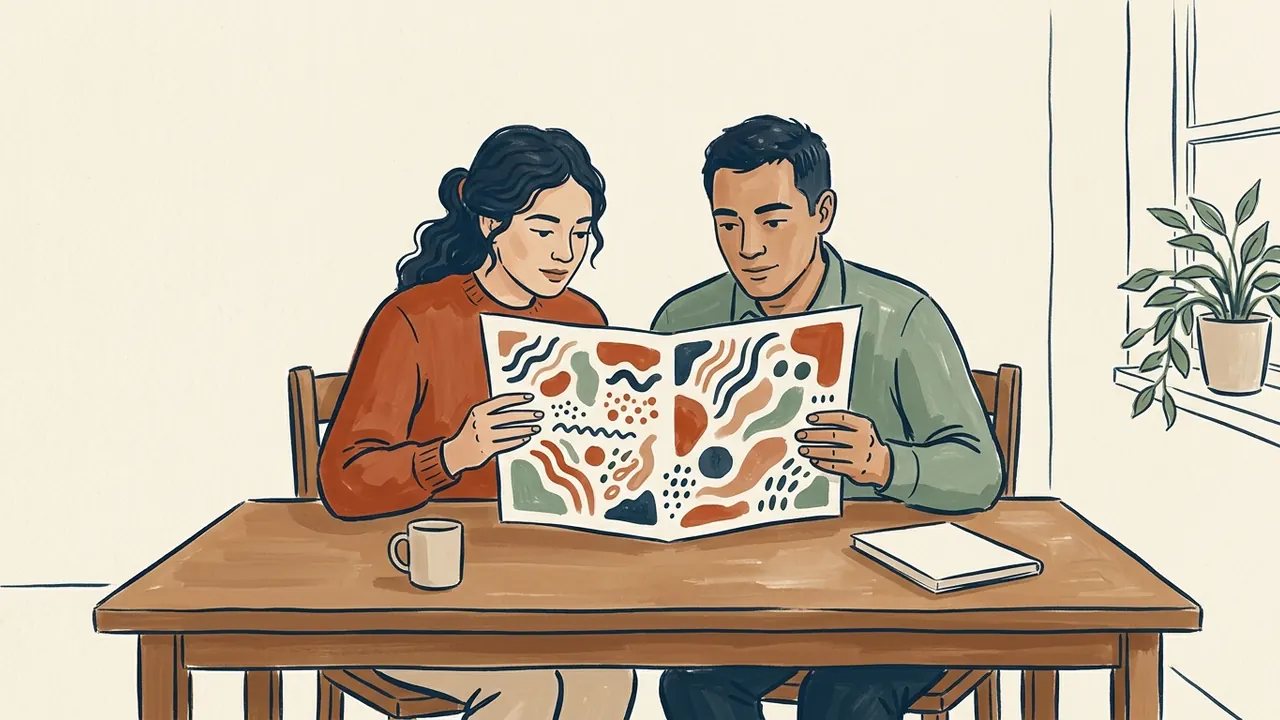Dos personas adultas observan una lámina de formas abstractas en una mesa.
