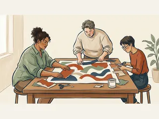 Tres personas crean una composición abstracta con papeles de colores.
