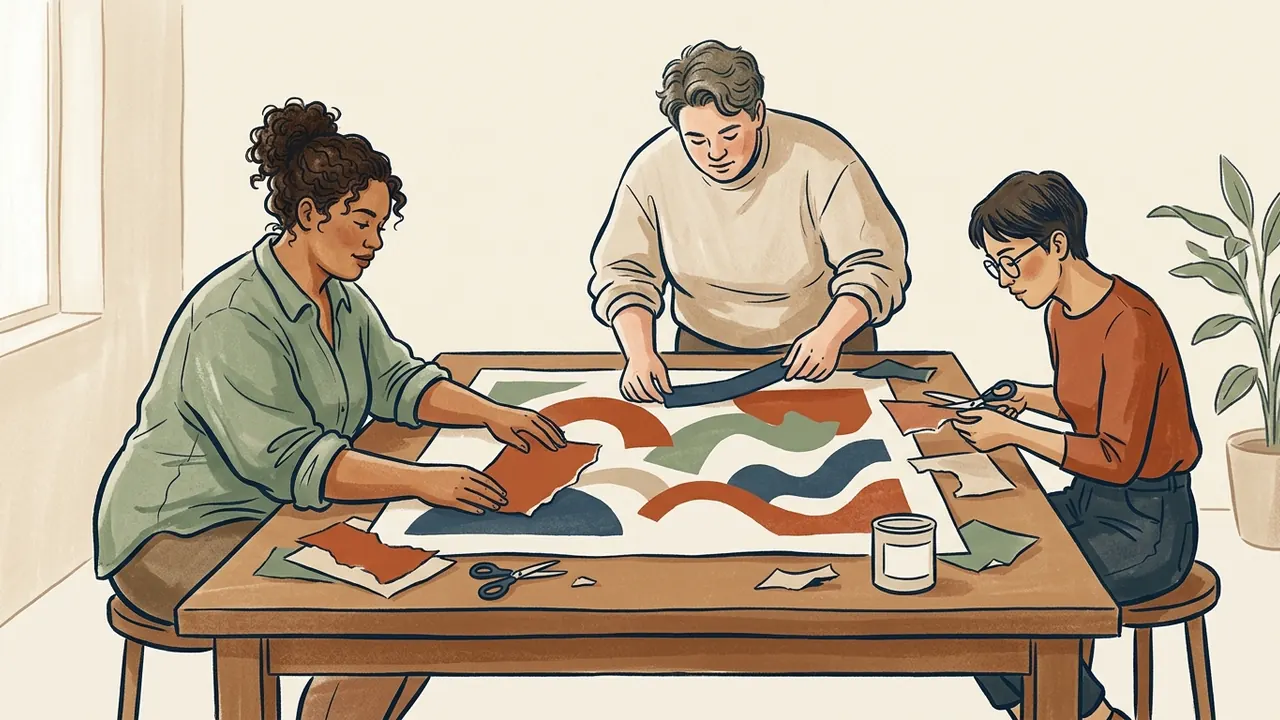 Tres personas crean una composición abstracta con papeles de colores.