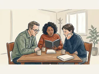 Tres personas comparten la lectura de un cuaderno alrededor de una mesa.