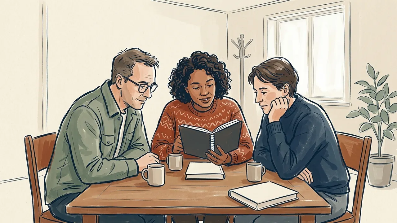 Tres personas comparten la lectura de un cuaderno alrededor de una mesa.