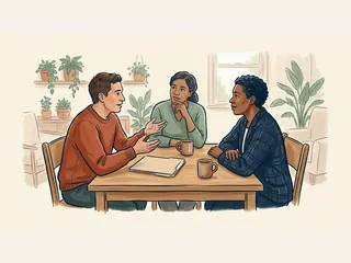 Tres personas adultas conversan alrededor de una mesa con una carpeta y dos tazas.