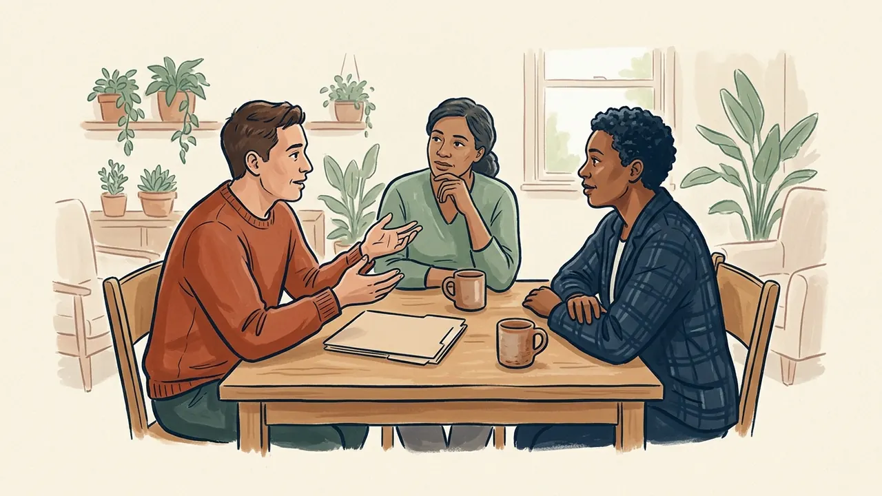 Tres personas adultas conversan alrededor de una mesa con una carpeta y dos tazas.