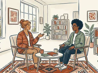 Dos personas conversan sentadas en un espacio cultural luminoso.