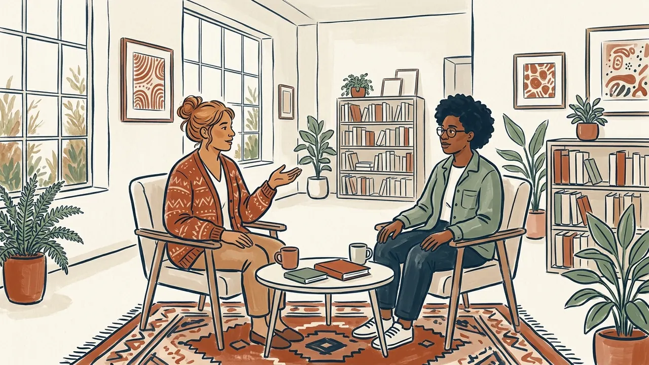 Dos personas conversan sentadas en un espacio cultural luminoso.