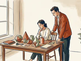 Dos personas contemplan figuras geométricas de papel en una mesa junto a una ventana.