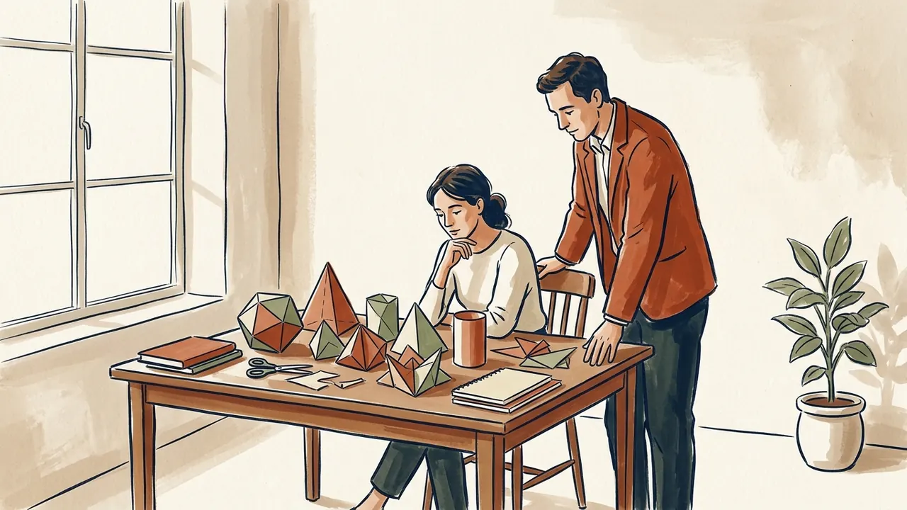 Dos personas contemplan figuras geométricas de papel en una mesa junto a una ventana.