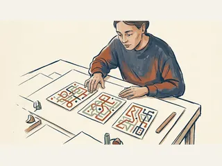 Una persona observa tres tarjetas con recorridos geométricos de colores.