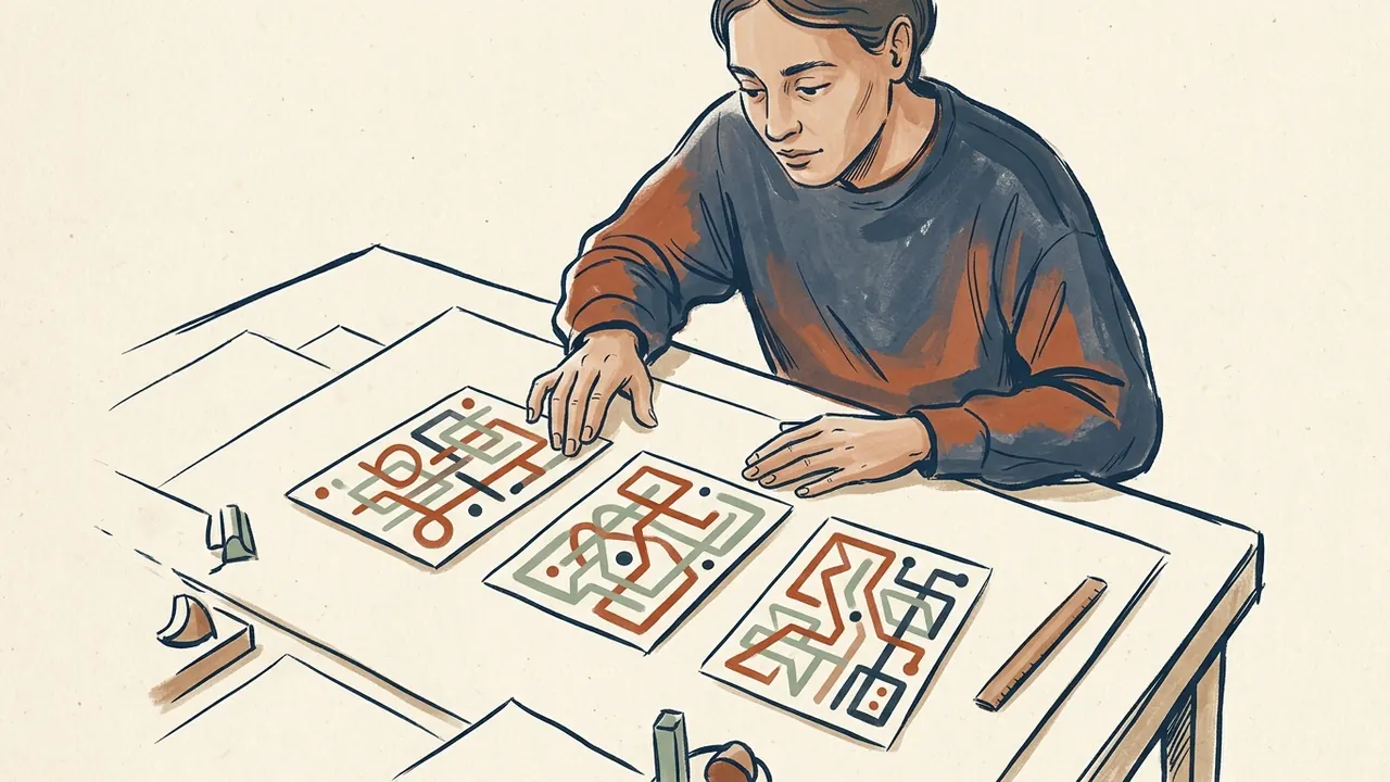 Una persona observa tres tarjetas con recorridos geométricos de colores.