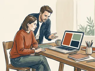Dos personas adultas observan un portátil cuya pantalla muestra tres grandes rectángulos de colores.
