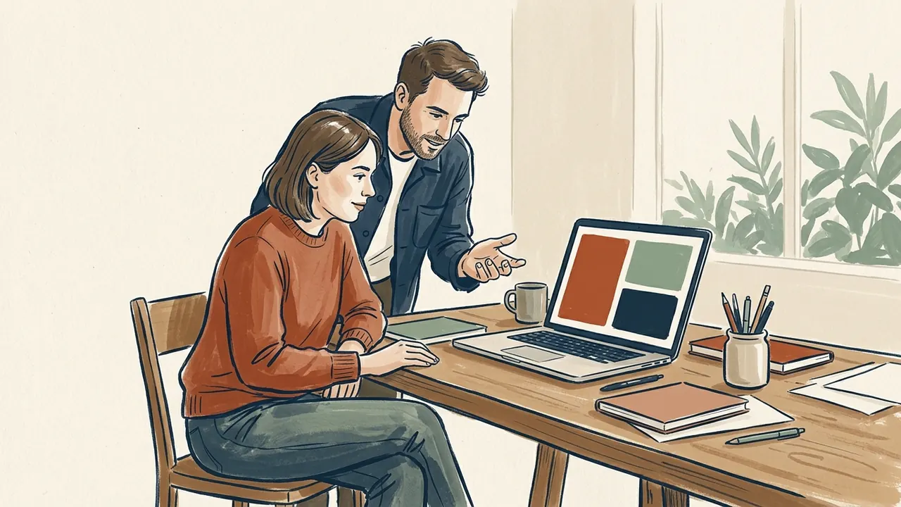Dos personas adultas observan un portátil cuya pantalla muestra tres grandes rectángulos de colores.