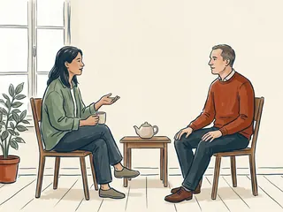 Dos personas conversan sentadas junto a una ventana y una mesa con una tetera.