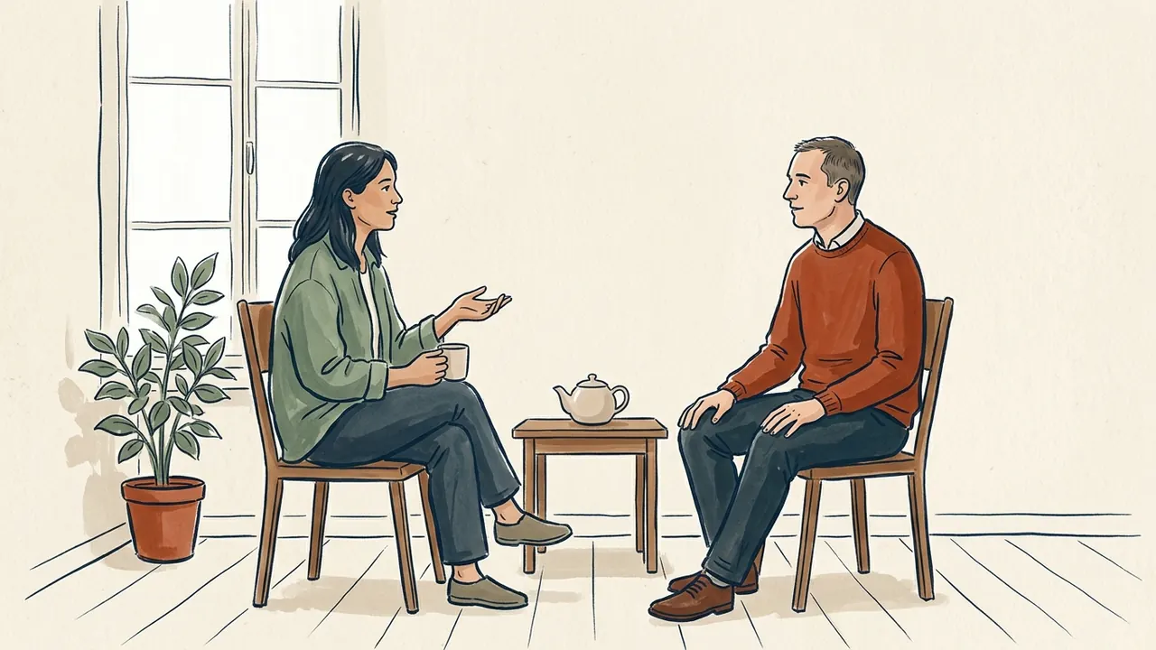 Dos personas conversan sentadas junto a una ventana y una mesa con una tetera.