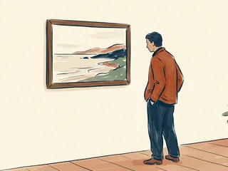 Una persona observa una pintura de una costa imaginaria con el mar tranquilo.