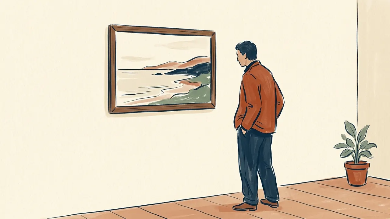Una persona observa una pintura de una costa imaginaria con el mar tranquilo.