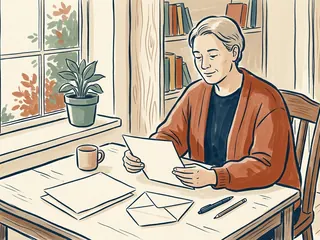 Una persona prepara una carta con hojas lisas y un sobre abierto junto a una ventana.