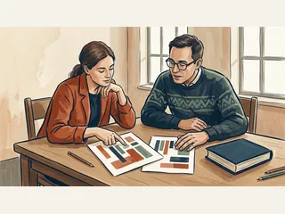 Dos personas comparan láminas de formas geométricas junto a un libro cerrado.