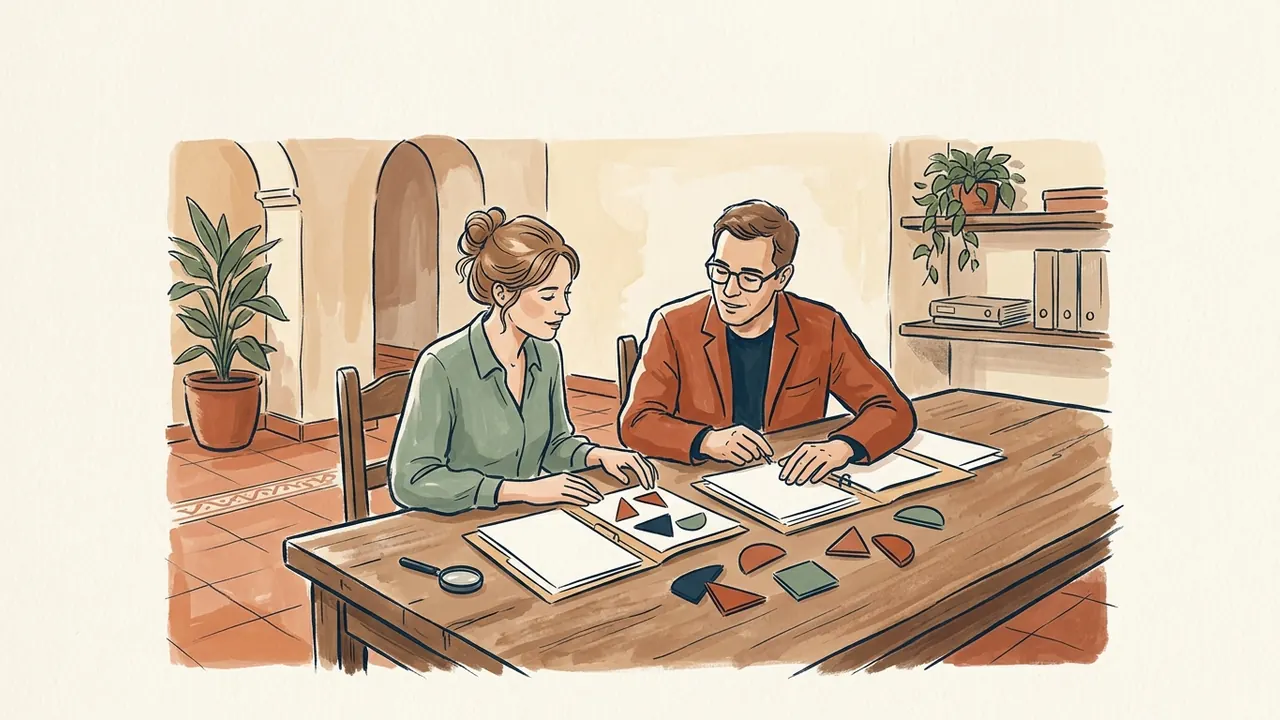 Dos profesionales comparan documentos y muestras geométricas sobre una mesa.