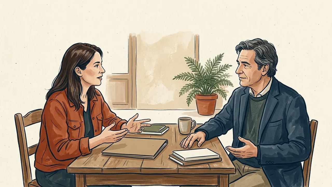 Dos adultos de piel clara conversan junto a una mesa con libros.