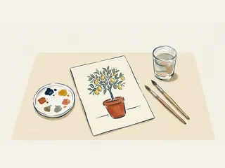 Materiales de acuarela junto a una pintura de un limonero en maceta.