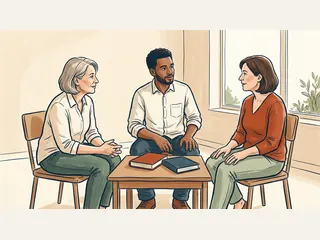 Tres personas adultas conversan alrededor de dos libros cerrados.