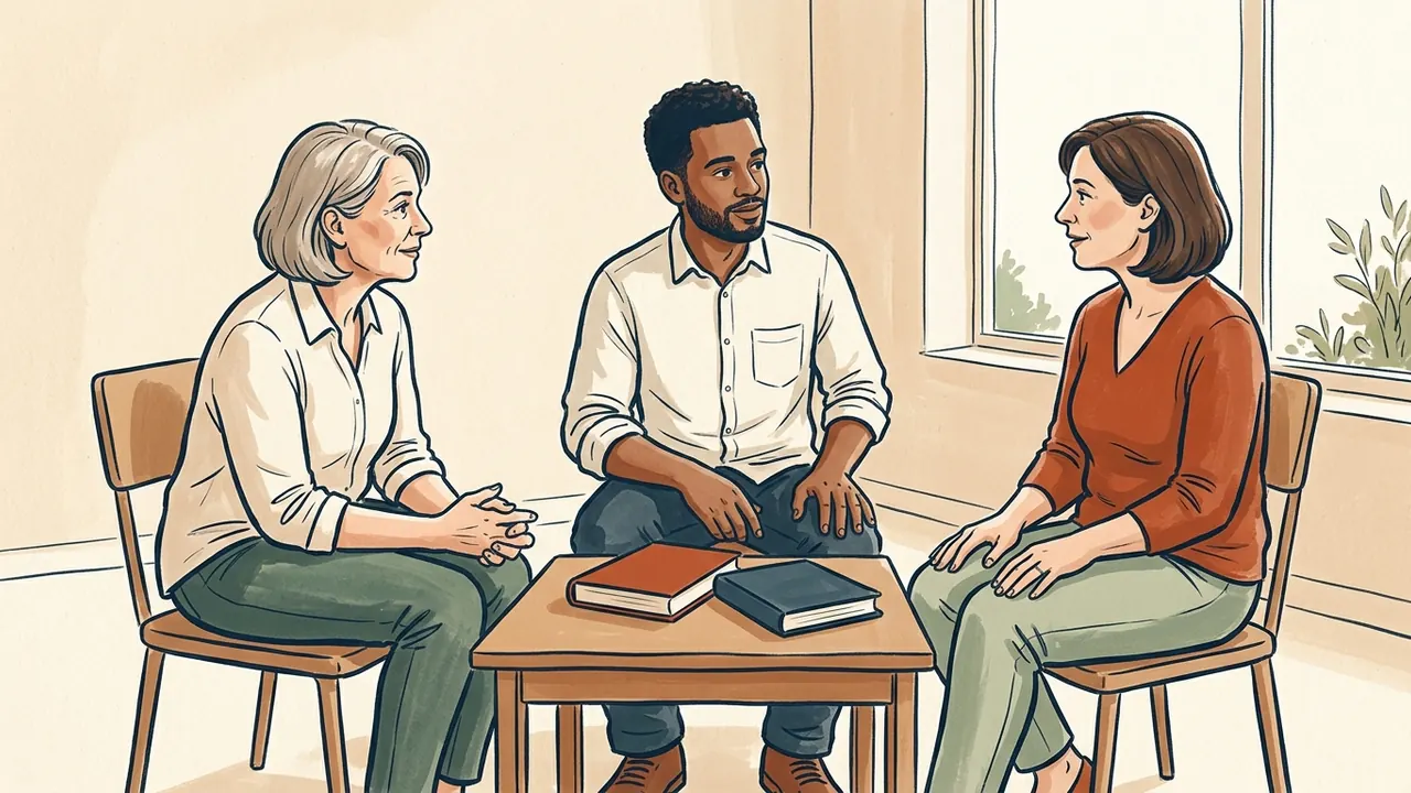Tres personas adultas conversan alrededor de dos libros cerrados.