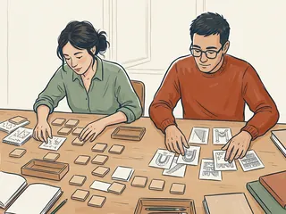 Dos personas organizan fichas lisas y pequeños bocetos de una biblioteca imaginaria.