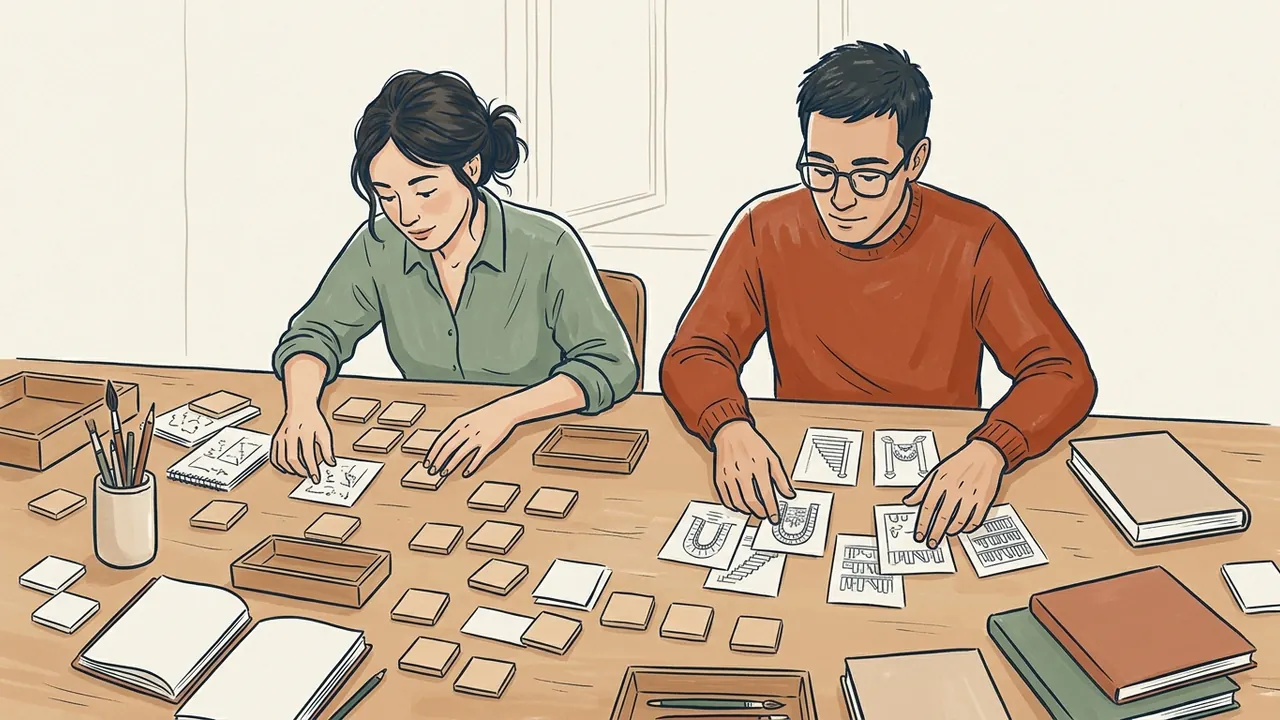 Dos personas organizan fichas lisas y pequeños bocetos de una biblioteca imaginaria.