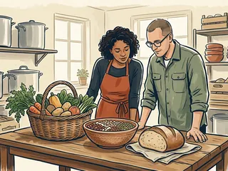 Dos personas observan una cesta de verduras, un cuenco de legumbres y una hogaza de pan sobre una mesa de cocina.