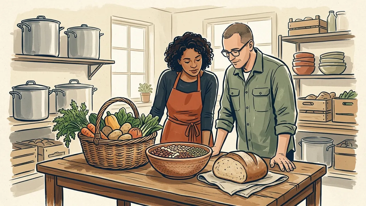 Dos personas observan una cesta de verduras, un cuenco de legumbres y una hogaza de pan sobre una mesa de cocina.