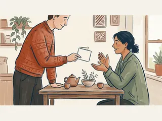 Una persona ofrece una tarjeta lisa a otra junto a una mesa con tazas.
