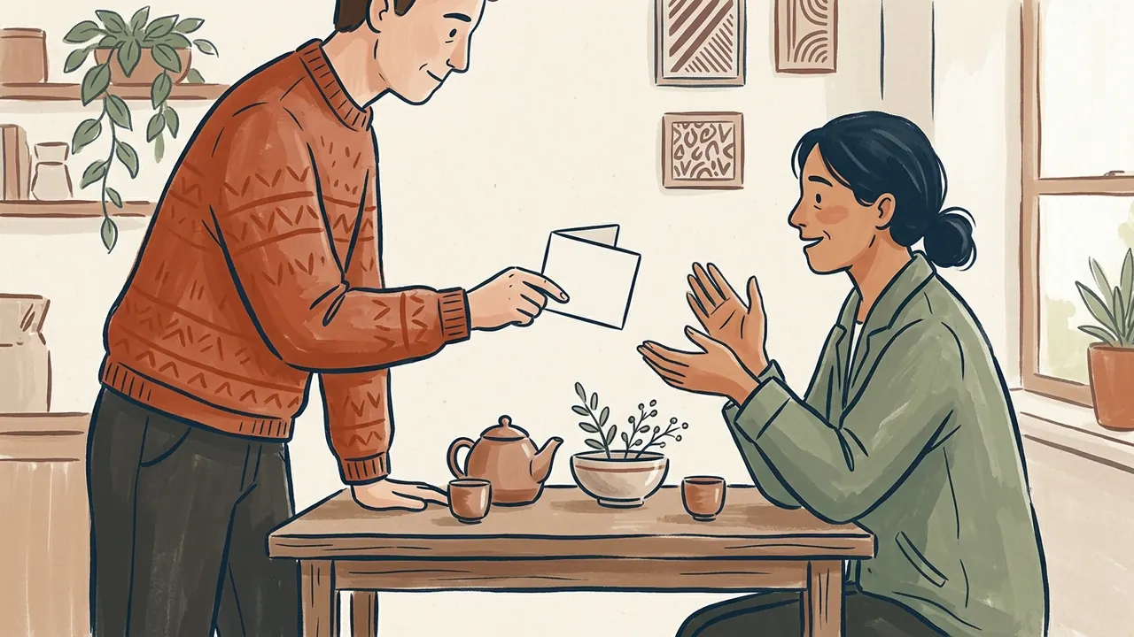 Una persona ofrece una tarjeta lisa a otra junto a una mesa con tazas.