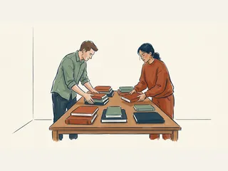 Dos personas adultas preparan una mesa con libros de colores.