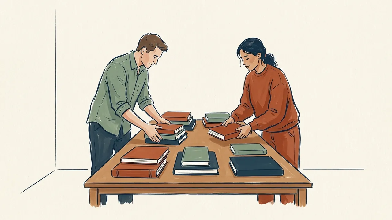 Dos personas adultas preparan una mesa con libros de colores.