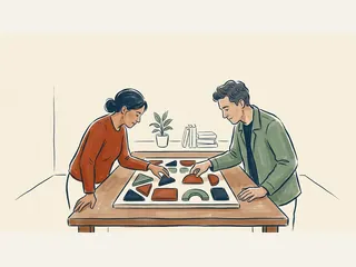 Dos personas examinan un panel con piezas geométricas de colores.