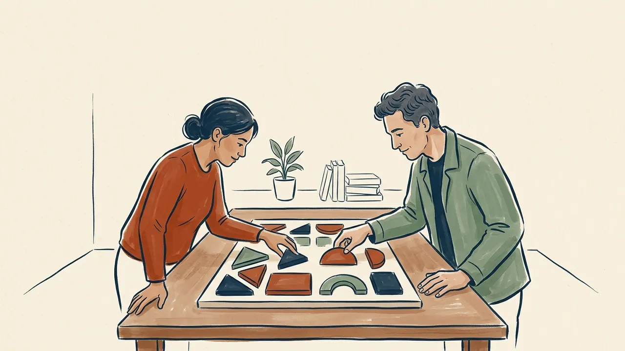 Dos personas examinan un panel con piezas geométricas de colores.