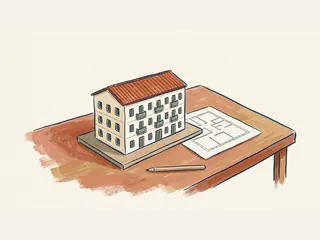 Maqueta de un edificio de viviendas junto a un plano y un lápiz.
