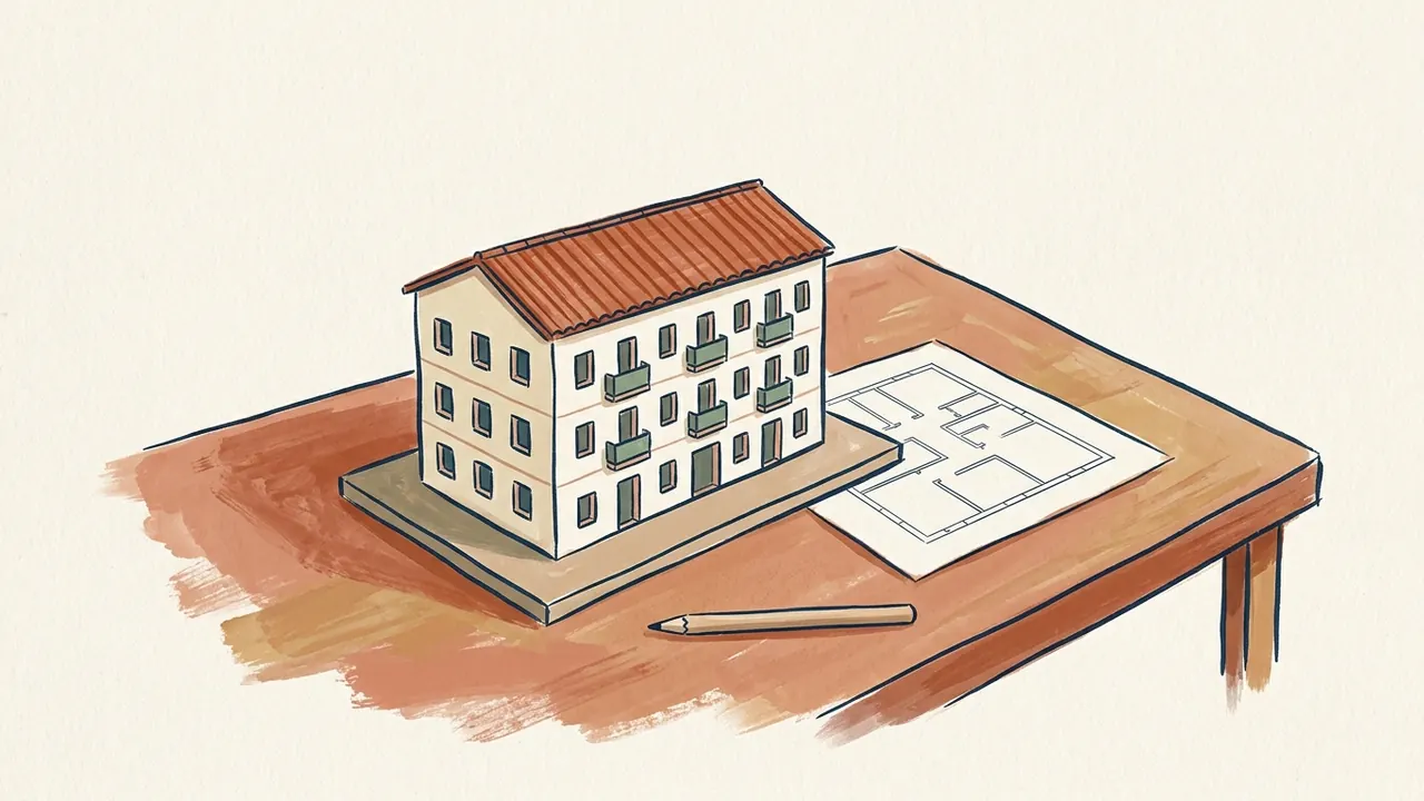 Maqueta de un edificio de viviendas junto a un plano y un lápiz.