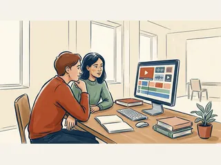Dos personas adultas observan una pantalla con bloques gráficos y símbolos audiovisuales.