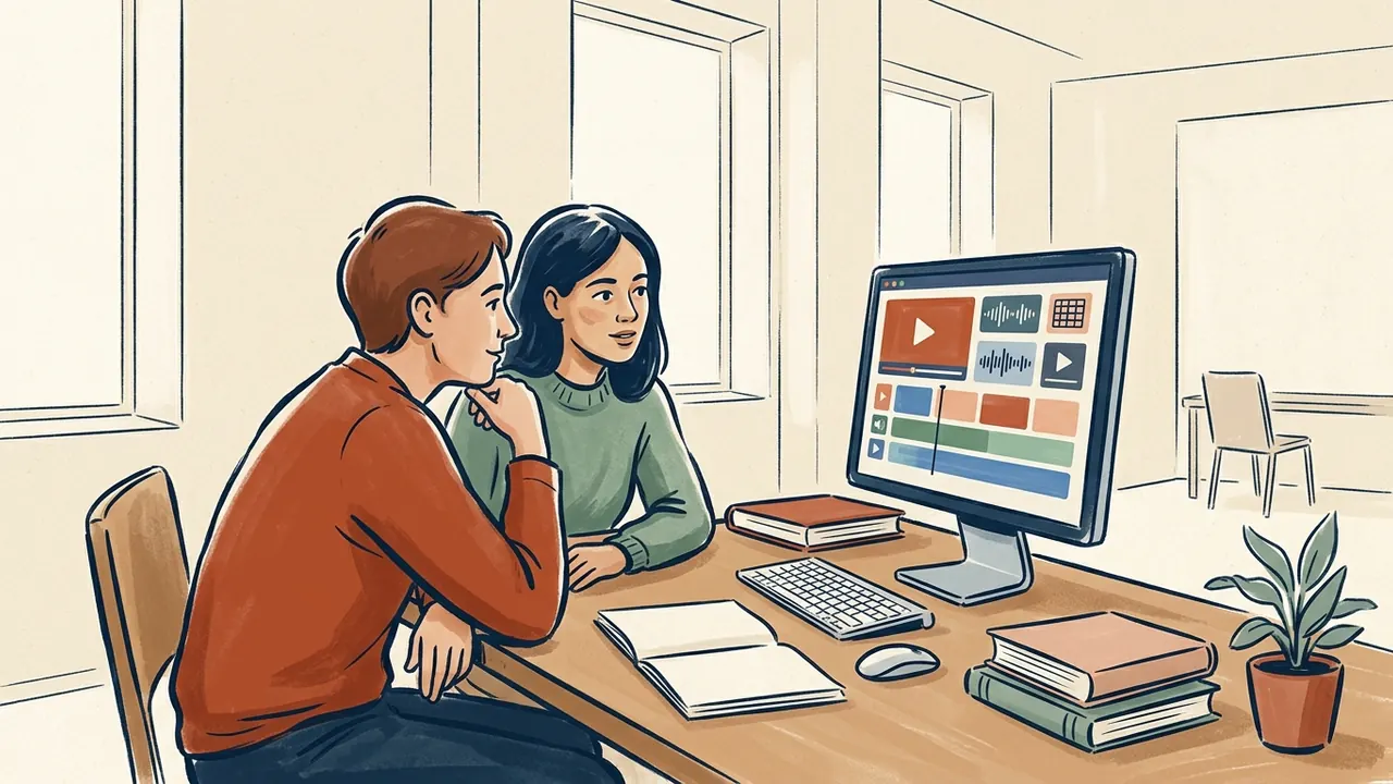 Dos personas adultas observan una pantalla con bloques gráficos y símbolos audiovisuales.