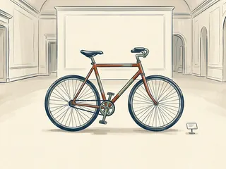 Bicicleta ilustrada de perfil en una sala de museo ficticia.