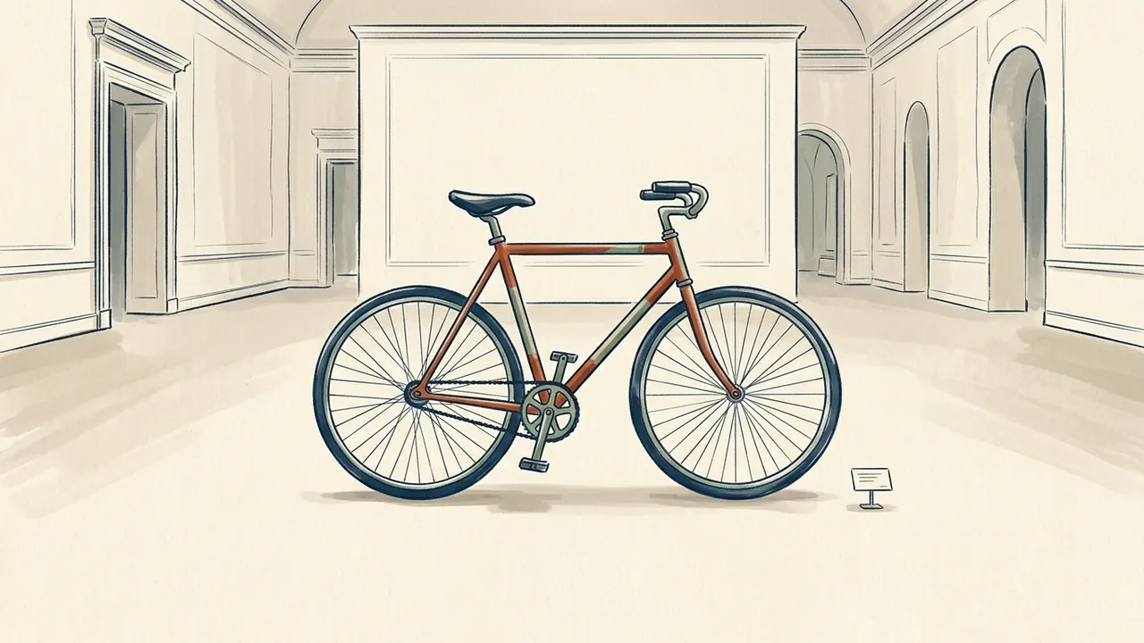 Bicicleta ilustrada de perfil en una sala de museo ficticia.