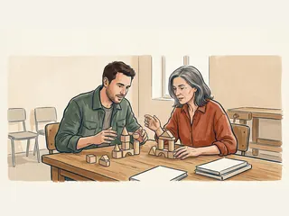 Dos adultos comparan construcciones de piezas de madera sobre una mesa.