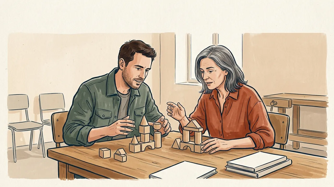 Dos adultos comparan construcciones de piezas de madera sobre una mesa.