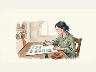 Mujer practicando trazos de caligrafía con pluma y tintero en una mesa.