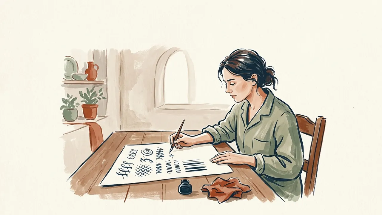 Mujer practicando trazos de caligrafía con pluma y tintero en una mesa.