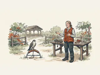 Cetrera explicando su oficio junto a un halcón sobre una percha.