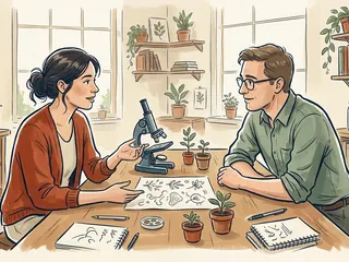 Dos personas conversan junto a un microscopio, pequeñas plantas y dibujos botánicos sobre una mesa.