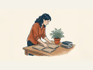 Una persona adulta organiza carpetas lisas junto a una planta y libros.