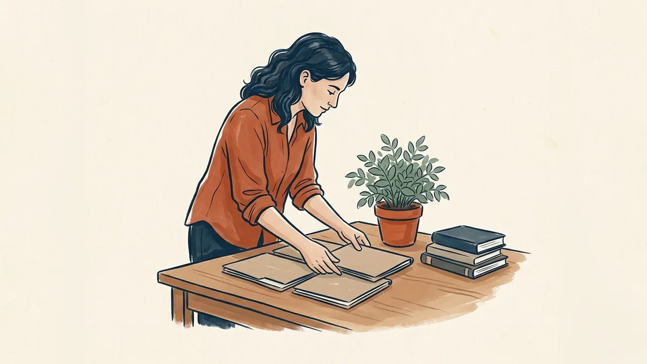 Una persona adulta organiza carpetas lisas junto a una planta y libros.
